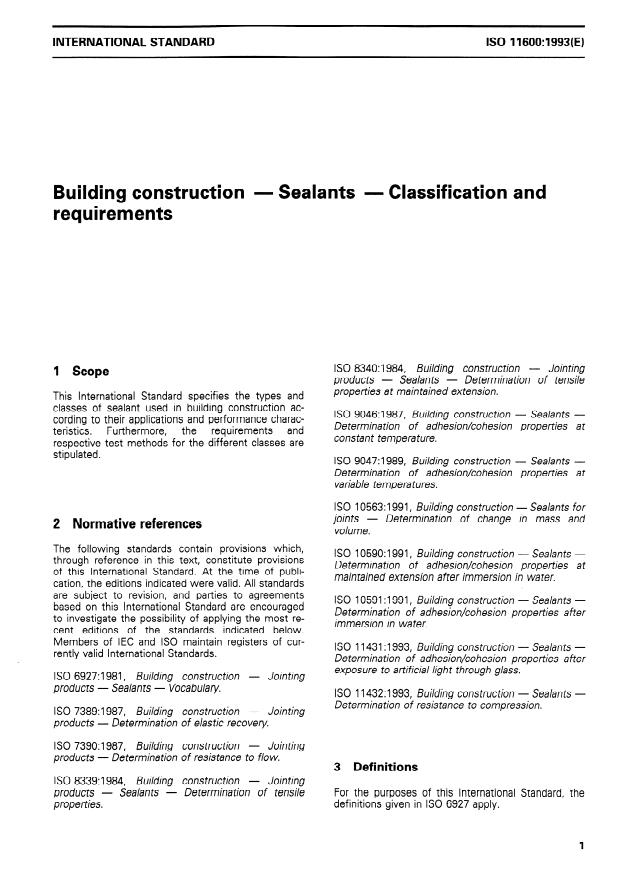 ISO 11600:1993 - Building construction -- Sealants -- Classification and requirements
