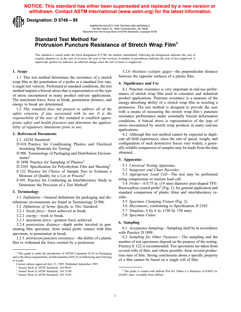 ASTM D5748-95 - Standard Test Method for Protrusion Puncture Resistance of Stretch Wrap Film