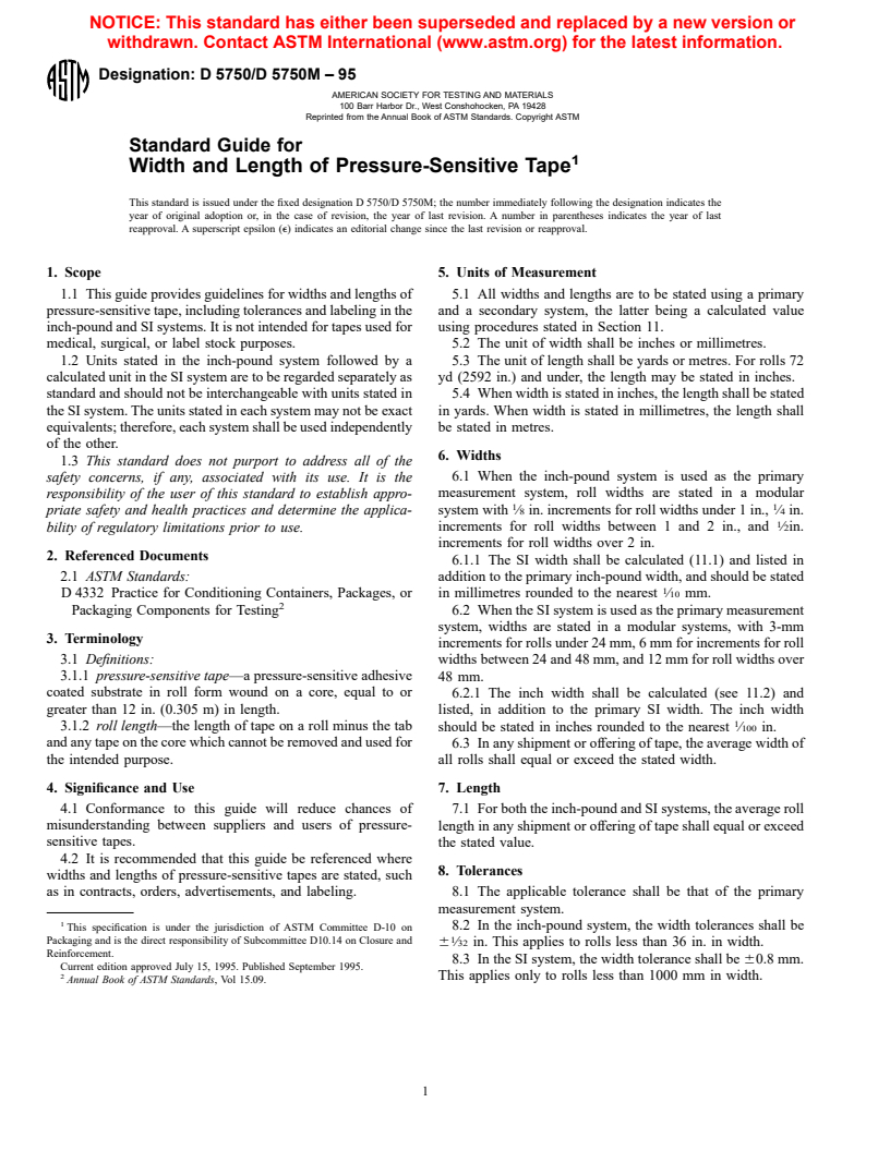 ASTM D5750/D5750M-95 - Standard Guide for Width and Length of Pressure-Sensitive Tape