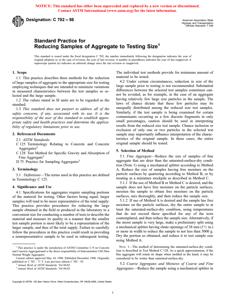 ASTM C702-98 - Standard Practice for Reducing Samples of Aggregate to Testing Size