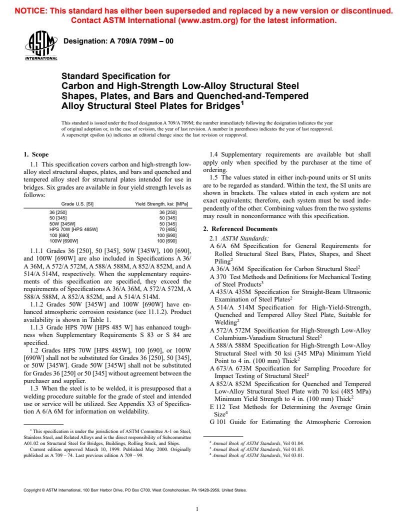 ASTM A709/A709M-00 - Standard Specification for Carbon and High-Strength Low-Alloy Structural Steel Shapes, Plates, and Bars and Quenched-and-Tempered Alloy Structural Steel Plates for Bridges