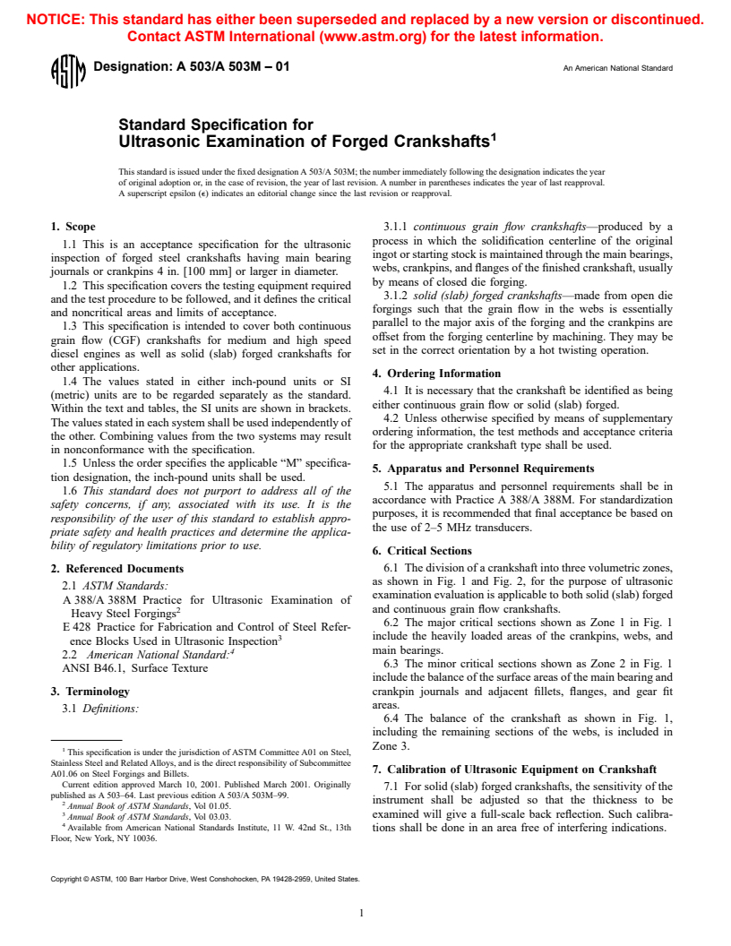 ASTM A503/A503M-01 - Standard Specification for Ultrasonic Examination of Forged Crankshafts
