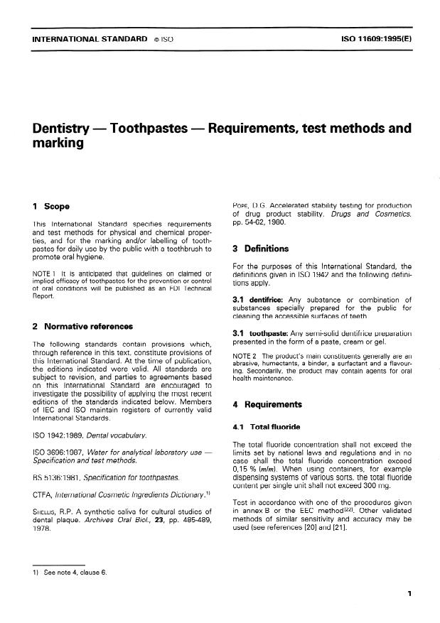 ISO 11609:1995 - Dentistry -- Toothpastes -- Requirements, test methods and marking