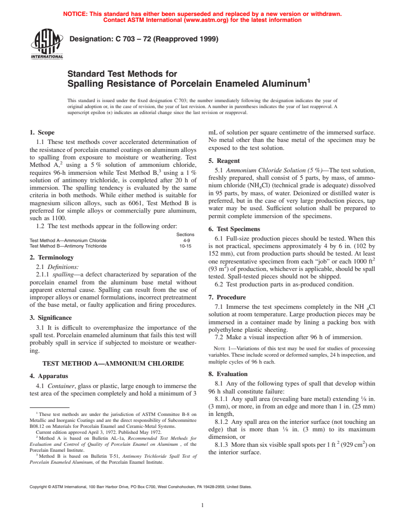 ASTM C703-72(1999) - Standard Test Methods for Spalling Resistance of Porcelain Enameled Aluminum