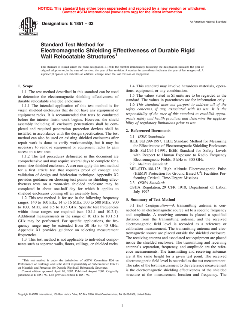 ASTM E1851-02 - Standard Test Method for Electromagnetic Shielding Effectiveness of Durable Rigid Wall Relocatable Structures