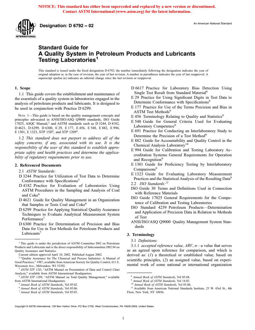 ASTM D6792-02 - Standard Guide for A Quality System in Petroleum Products and Lubricants Testing Laboratories