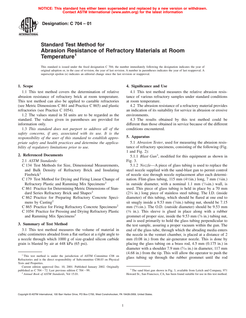 ASTM C704-01 - Standard Test Method for Abrasion Resistance of Refractory Materials at Room Temperature