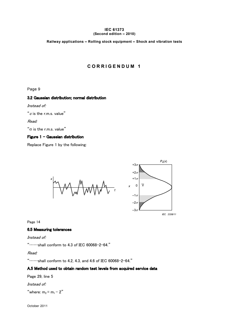 IEC 61373:2010/COR1:2011 - Corrigendum 1 - Railway applications - Rolling stock equipment - Shock and vibration tests
Released:12. 10. 2011