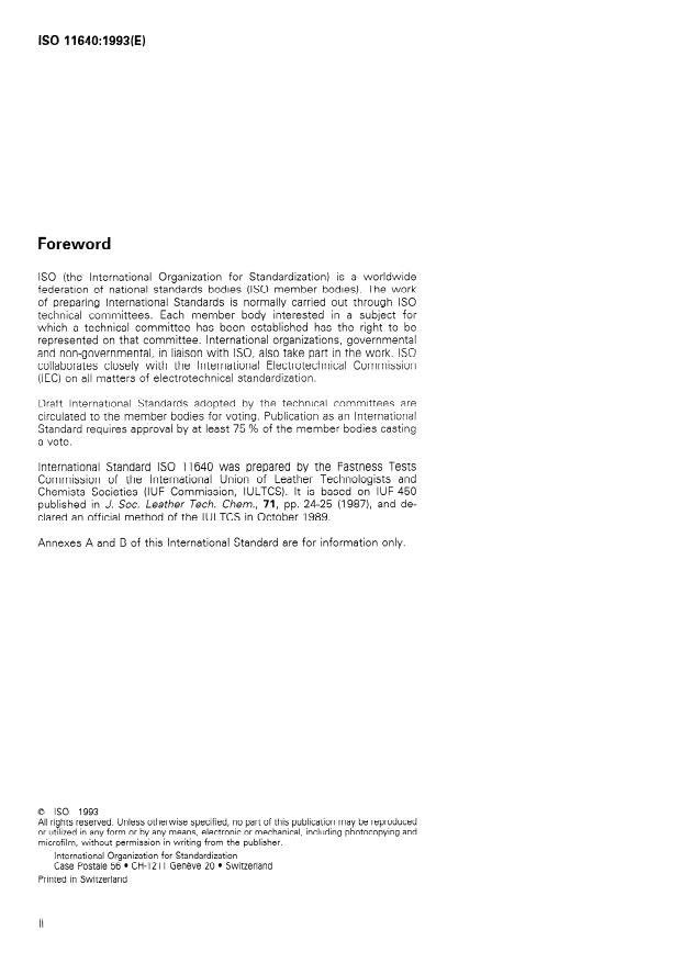 ISO 11640:1993 ISO 11640:1993 - Leather -- Tests for colour fastness -- Colour fastness to cycles of to-and-fro rubbing - Page 2 preview