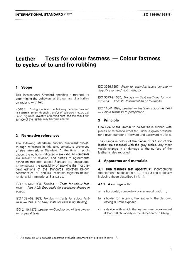 ISO 11640:1993 - Leather -- Tests for colour fastness -- Colour fastness to cycles of to-and-fro rubbing