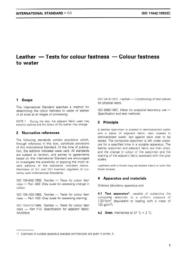 ISO 11642:1993 - Leather -- Tests for colour fastness -- Colour fastness to water