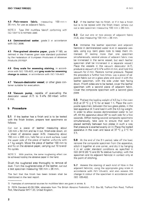 ISO 11642:1993 ISO 11642:1993 - Leather -- Tests for colour fastness -- Colour fastness to water - Page 4 preview