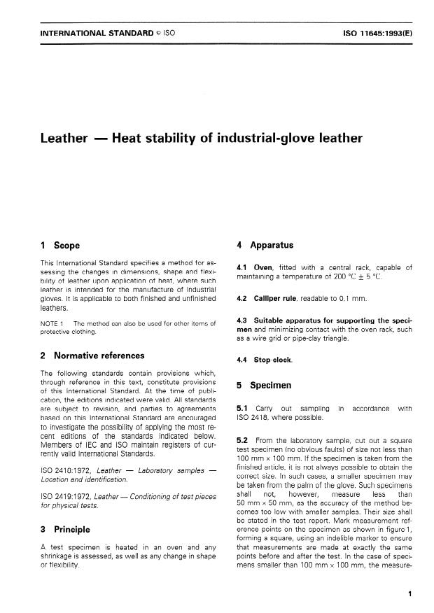 ISO 11645:1993 - Leather -- Heat stability of industrial-glove leather