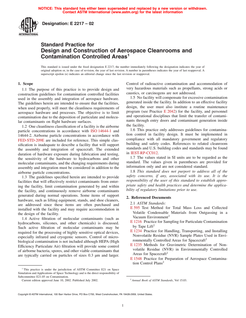 ASTM E2217-02 - Standard Practice for Design and Construction of Aerospace Cleanrooms and Contamination Controlled Areas