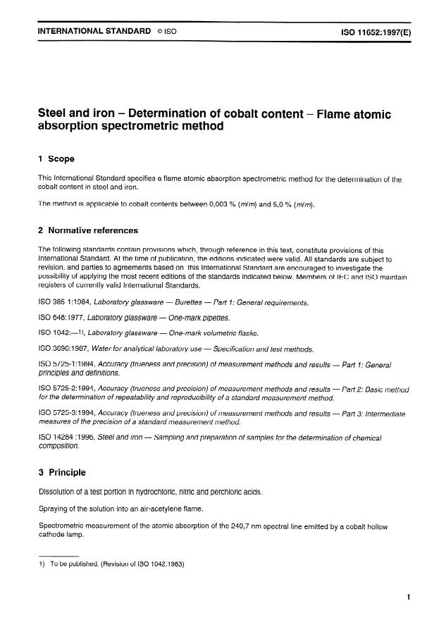 ISO 11652:1997 - Steel and iron -- Determination of cobalt content -- Flame atomic absorption spectrometric method
