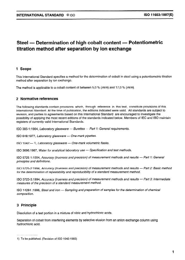 ISO 11653:1997 - Steel -- Determination of high cobalt content -- Potentiometric titration method after separation by ion exchange