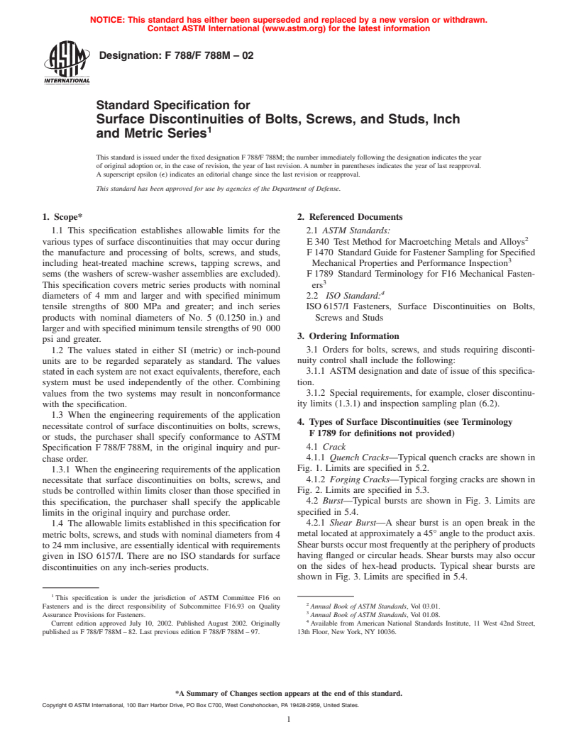 ASTM F788/F788M-02 - Standard Specification for Surface Discontinuities of Bolts, Screws, and Studs, Inch and Metric Series