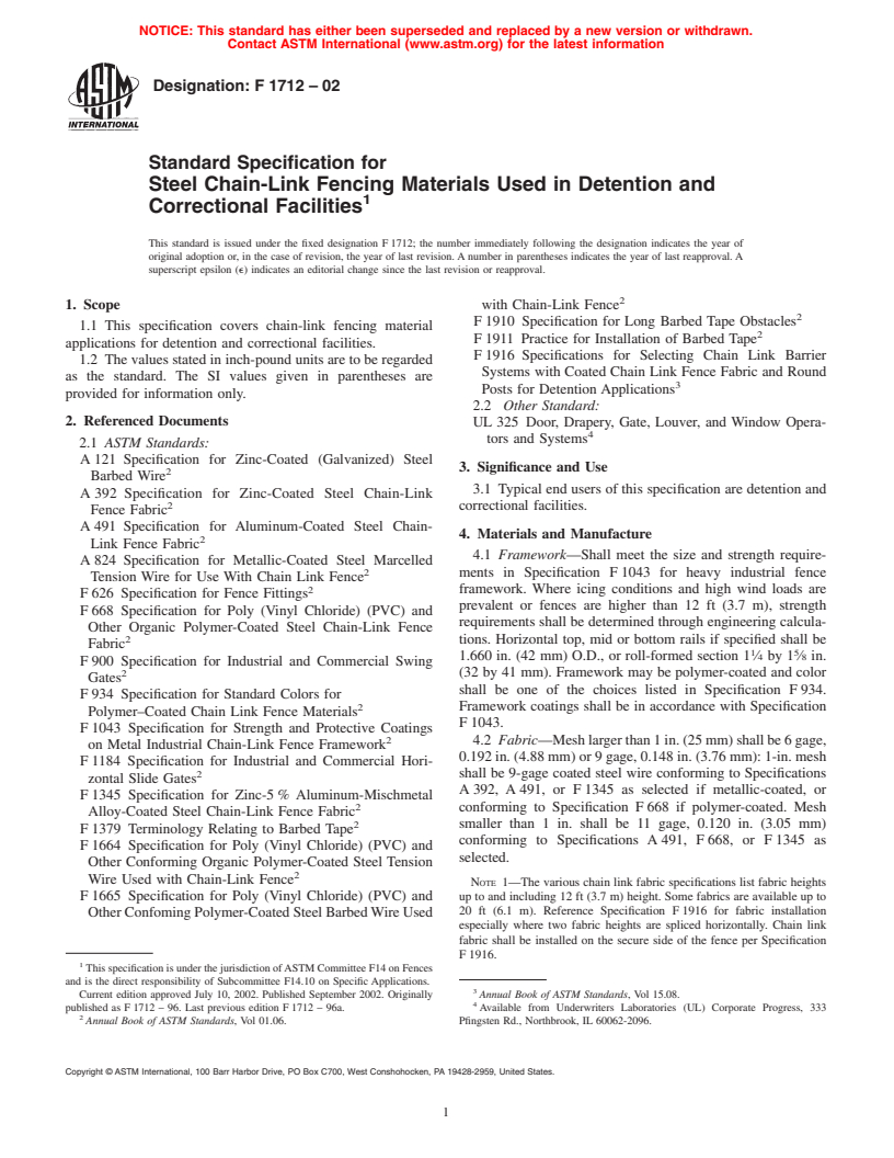 ASTM F1712-02 - Standard Specification for Steel Chain-Link Fencing Materials Used in Detention and Correctional Facilities