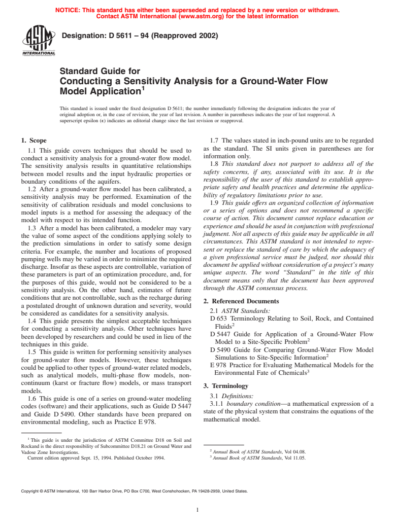 ASTM D5611-94(2002) - Standard Guide for Conducting a Sensitivity Analysis for a Ground-Water Flow Model Application