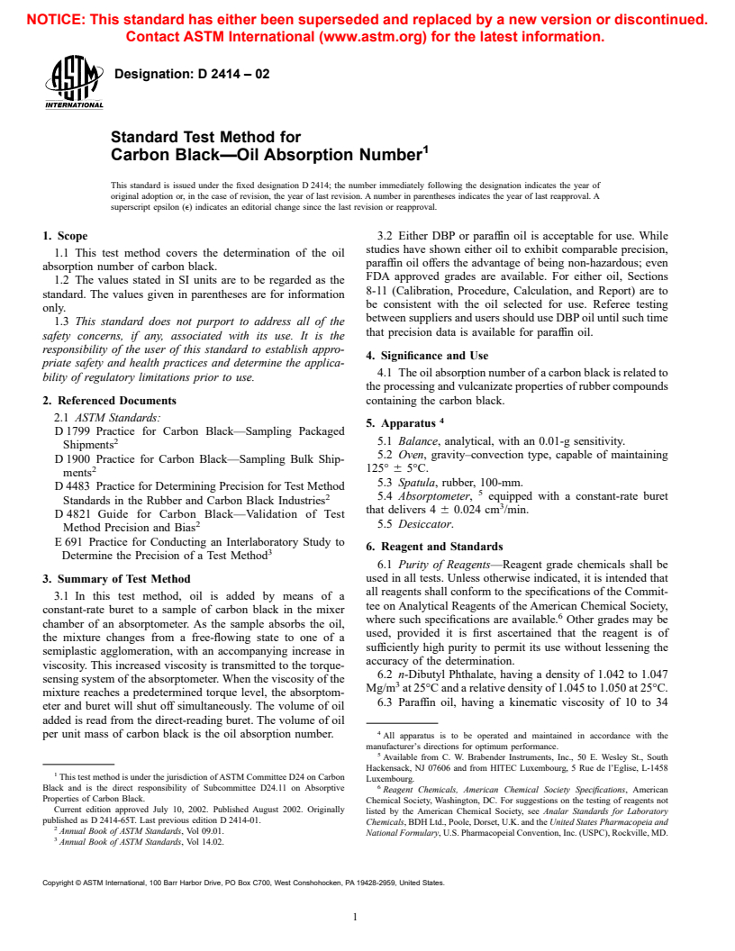 ASTM D2414-02 - Standard Test Method for Carbon Black&#8212;Oil Absorption Number