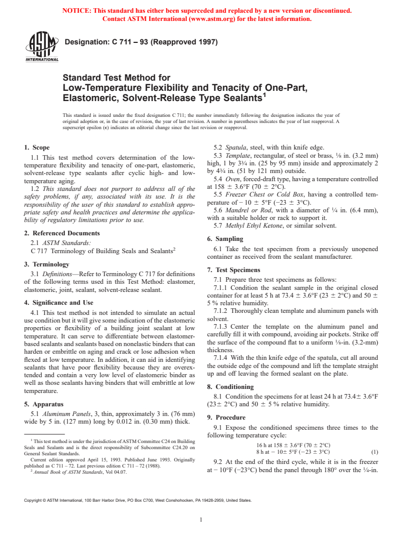 ASTM C711-93(1997) - Standard Test Method for Low-Temperature Flexibility and Tenacity of One-Part, Elastomeric, Solvent-Release Type Sealants