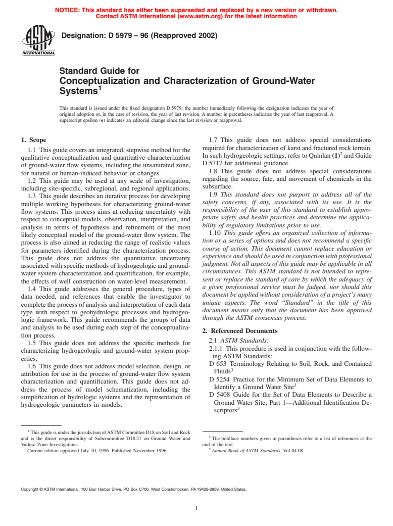 ASTM D5979-96(2002) - Standard Guide for Conceptualization and Characterization of Ground-Water Systems