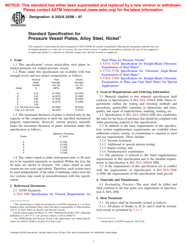 ASTM A203/A203M-97 - Standard Specification for Pressure Vessel Plates, Alloy Steel, Nickel