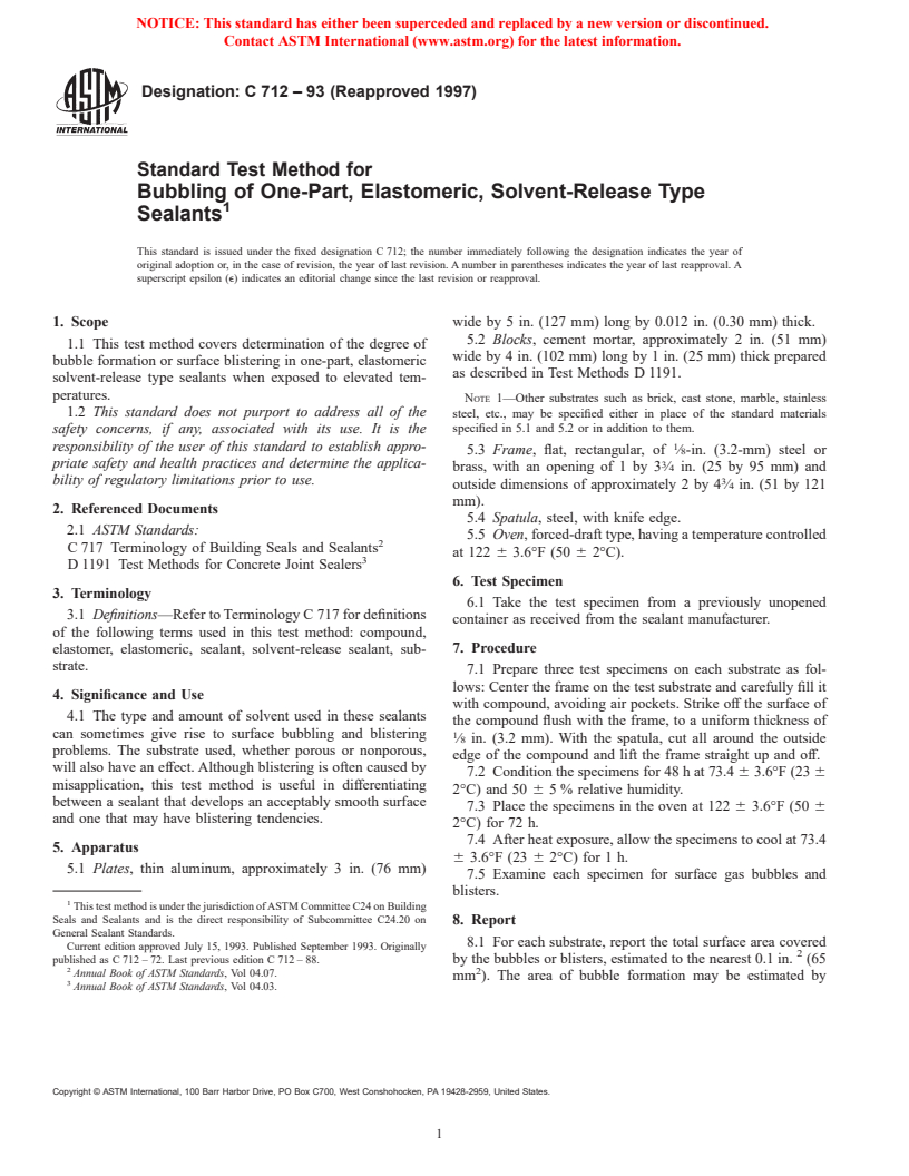 ASTM C712-93(1997) - Standard Test Method for Bubbling of One-Part, Elastomeric, Solvent-Release Type Sealants