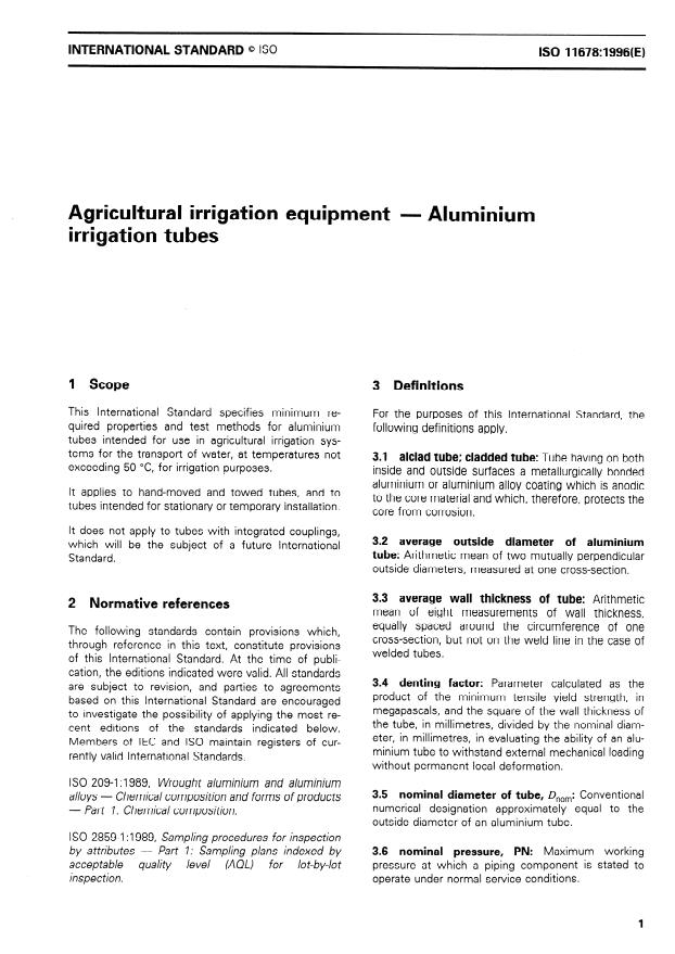 ISO 11678:1996 - Agricultural irrigation equipment -- Aluminium irrigation tubes
