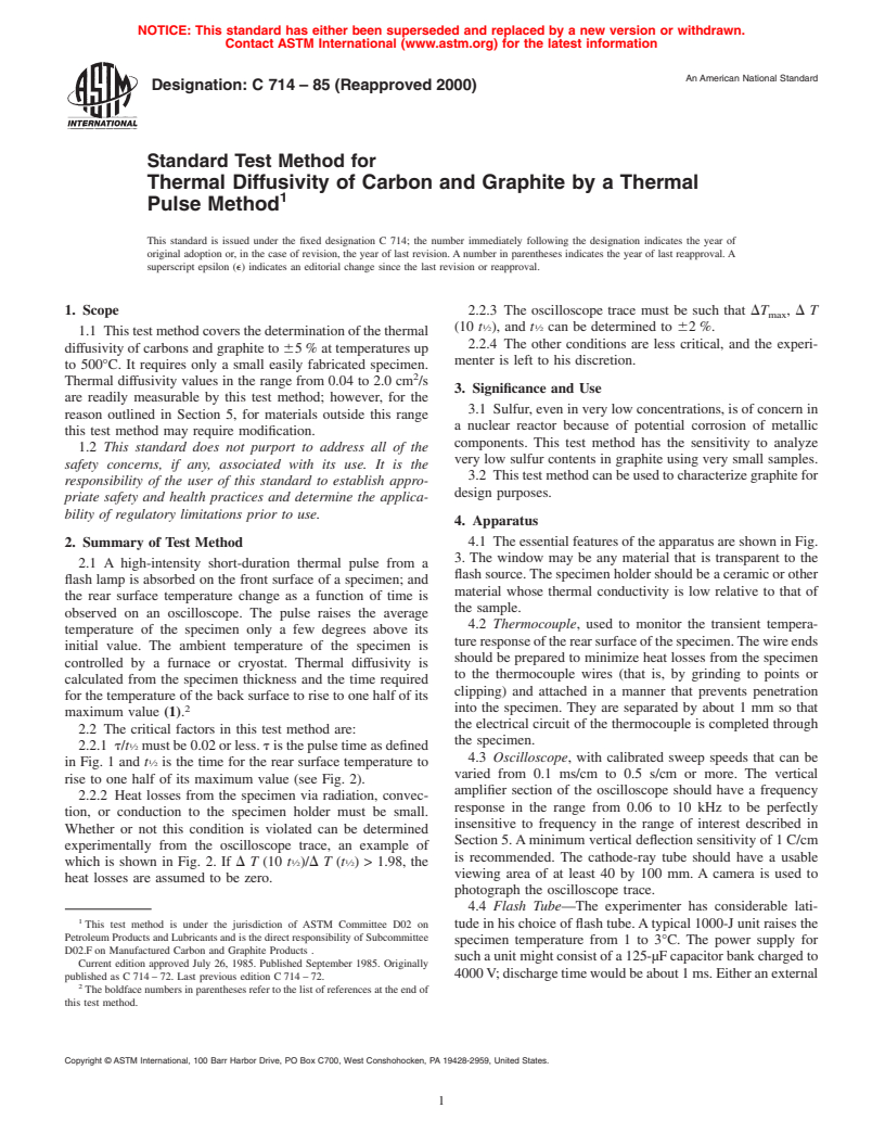 ASTM C714-85(2000) - Standard Test Method for Thermal Diffusivity of Carbon and Graphite by a Thermal Pulse Method