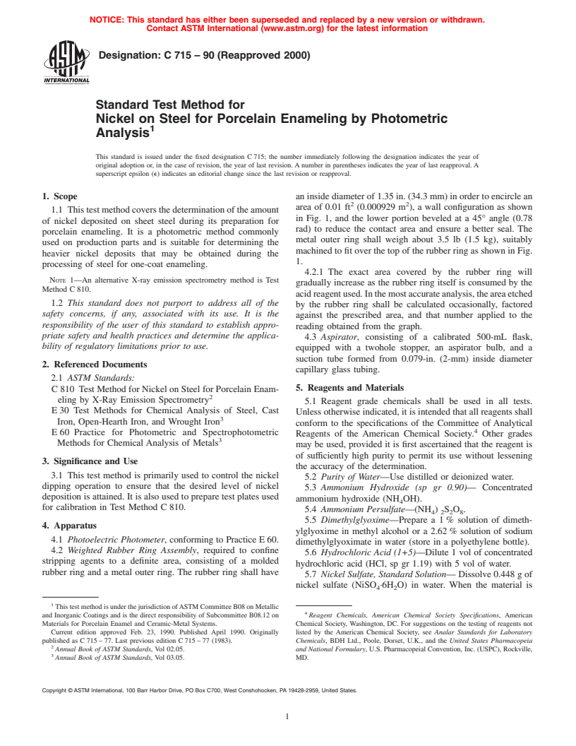 ASTM C715-90(2000) - Standard Test Method for Nickel on Steel for Porcelain Enameling by Photometric Analysis