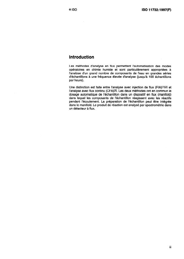 ISO 11732:1997 - Qualité de l'eau -- Détermination de l'azote ammoniacal par analyse en flux (CFA et FIA) et détection spectrométrique