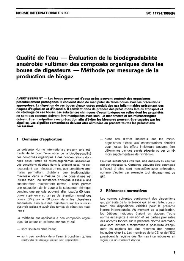 ISO 11734:1995 - Qualité de l'eau -- Évaluation de la biodégradabilité anaérobie "ultime" des composés organiques dans les boues de digesteurs -- Méthode par mesurage de la production de biogaz