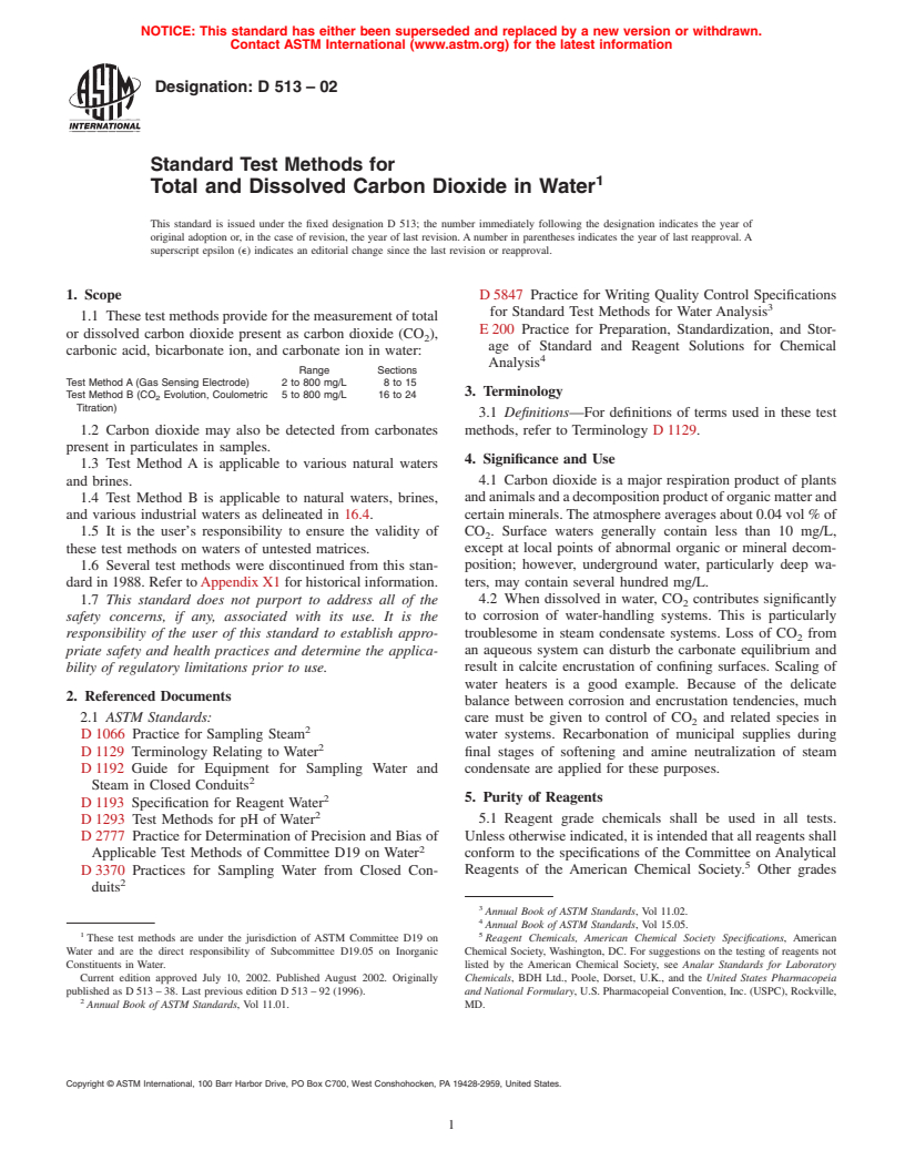 ASTM D513-02 - Standard Test Methods for Total and Dissolved Carbon Dioxide in Water