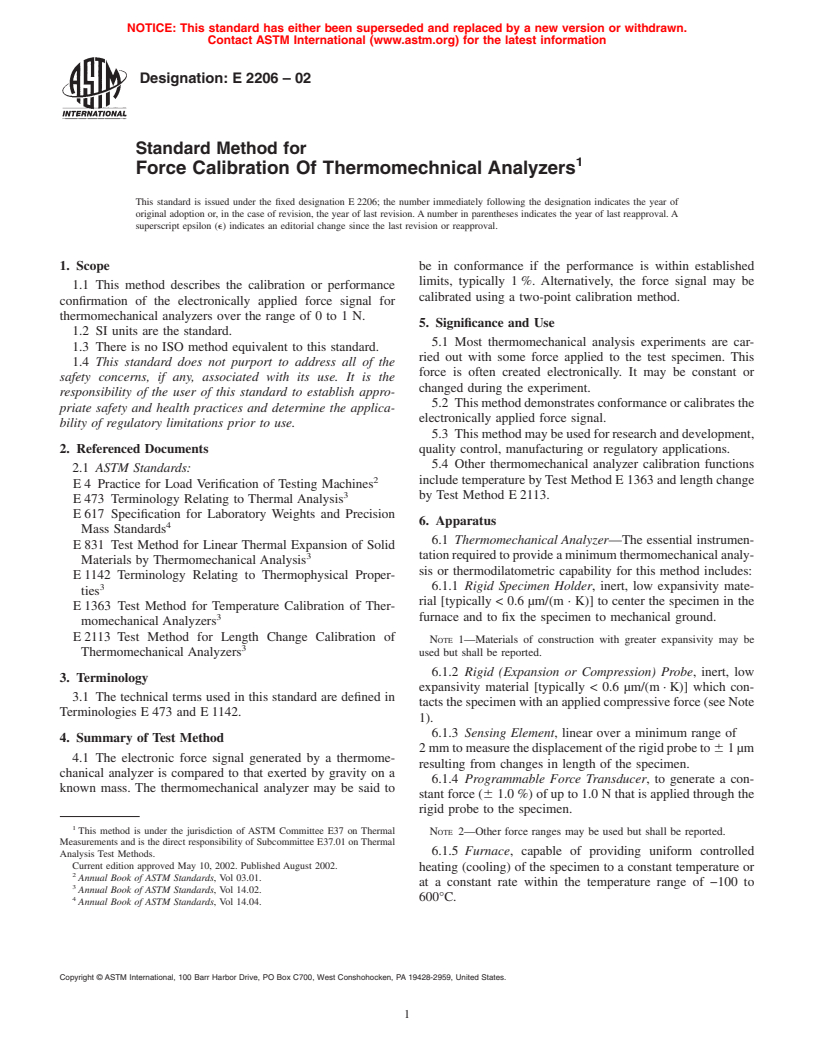 ASTM E2206-02 - Standard Method for Force Calibration Of Thermomechnical Analyzers