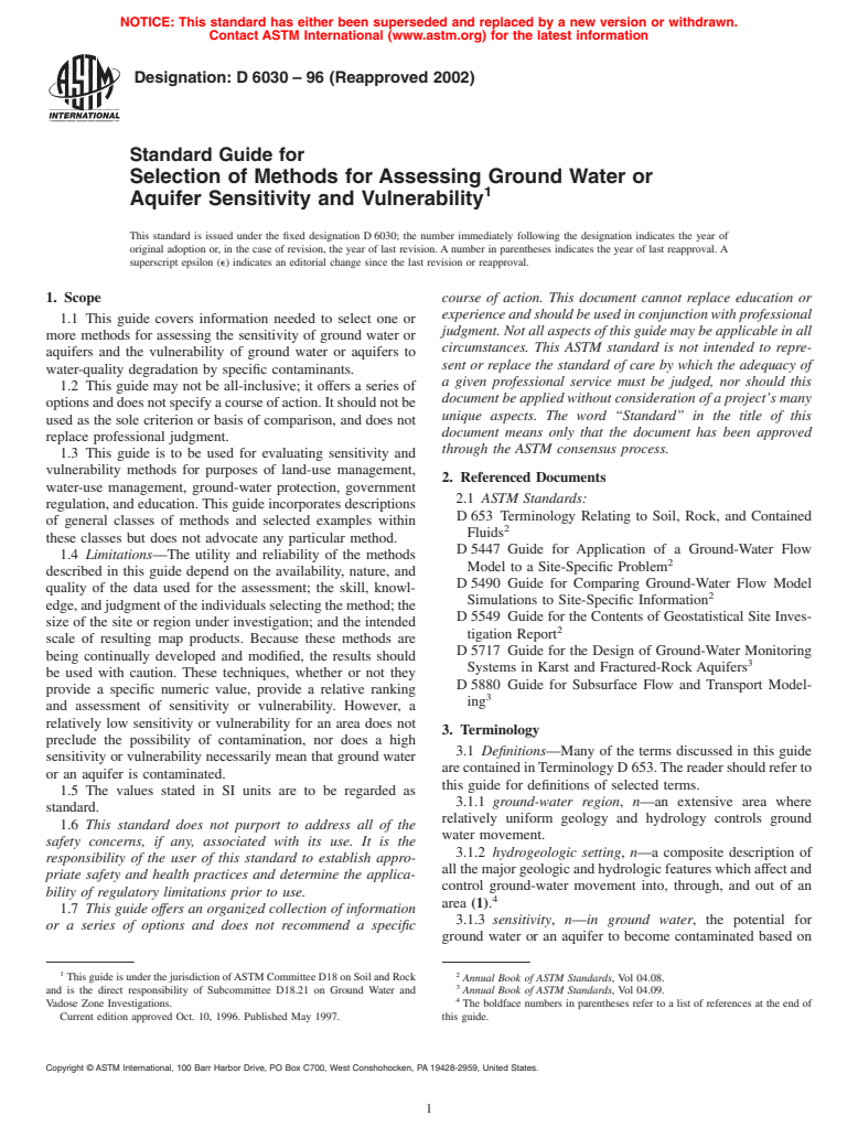 ASTM D6030-96(2002) - Standard Guide for Selection of Methods for Assessing Ground Water or Aquifer Sensitiviy and Vulnerability