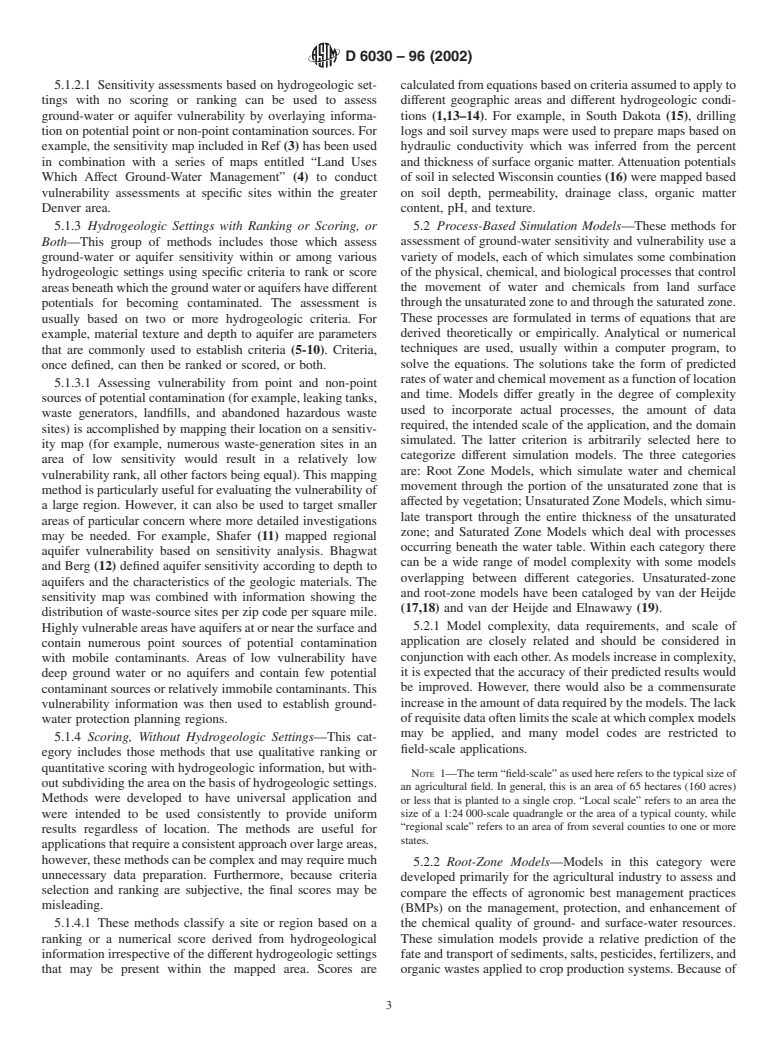 ASTM D6030-96(2002) - Standard Guide for Selection of Methods for Assessing Ground Water or Aquifer Sensitiviy and Vulnerability