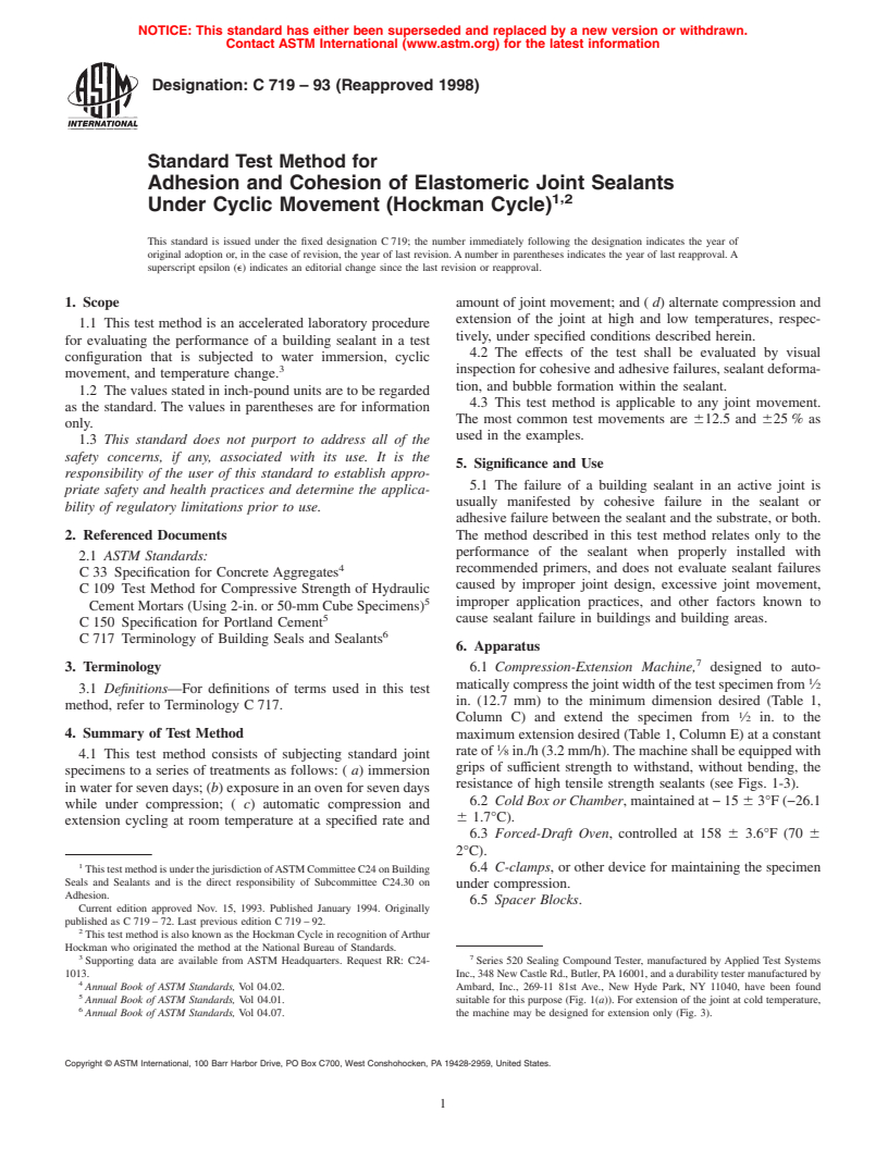 ASTM C719-93(1998) - Standard Test Method for Adhesion and Cohesion of Elastomeric Joint Sealants Under Cyclic Movement (Hockman Cycle)