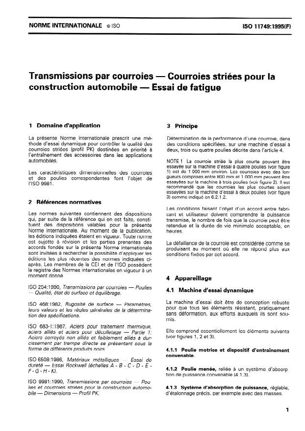 ISO 11749:1995 - Transmissions par courroies -- Courroies striées pour la construction automobile -- Essai de fatigue