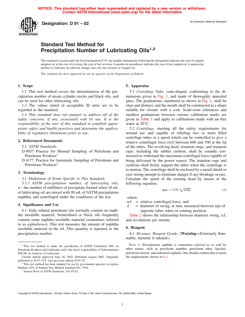 ASTM D91-02 - Standard Test Method for Precipitation Number of Lubricating Oils