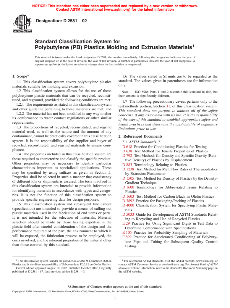 ASTM D2581-02 - Standard Specification for Polybutylene (PB) Plastics Molding and Extrusion Materials