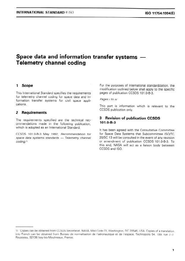 ISO 11754:1994 - Space data and information transfer systems -- Telemetry channel coding