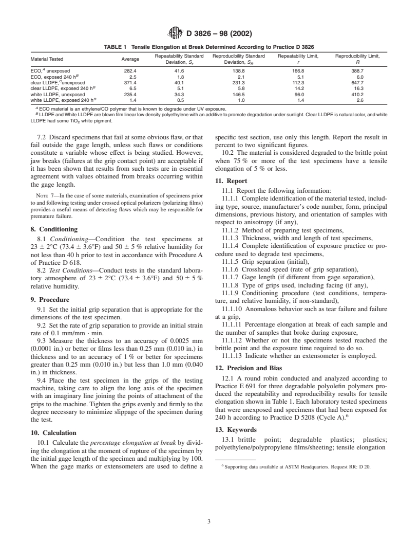 ASTM D3826-98(2002) - Standard Practice for Determining Degradation End Point in Degradable Polyethylene and Polypropylene Using a Tensile Test