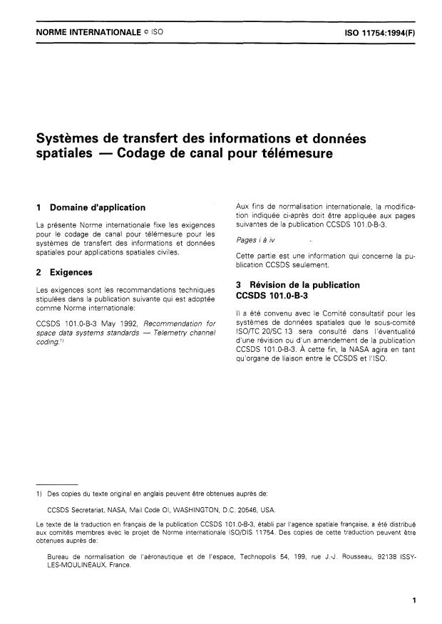 ISO 11754:1994 - Systemes de transfert des informations et données spatiales -- Codage de canal pour télémesure
