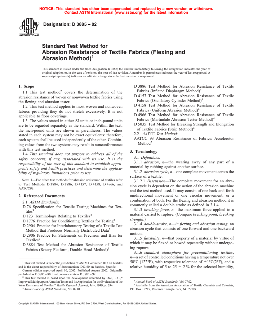 ASTM D3885-02 - Standard Test Method for Abrasion Resistance of Textile Fabrics (Flexing and Abrasion Method)