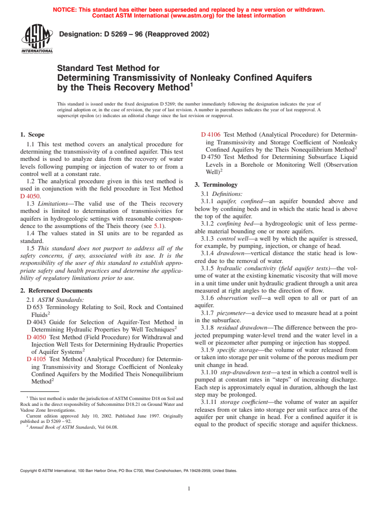 ASTM D5269-96(2002) - Standard Test Method for Determining Transmissivity of Nonleaky Confined Aquifers by the Theis Recovery Method