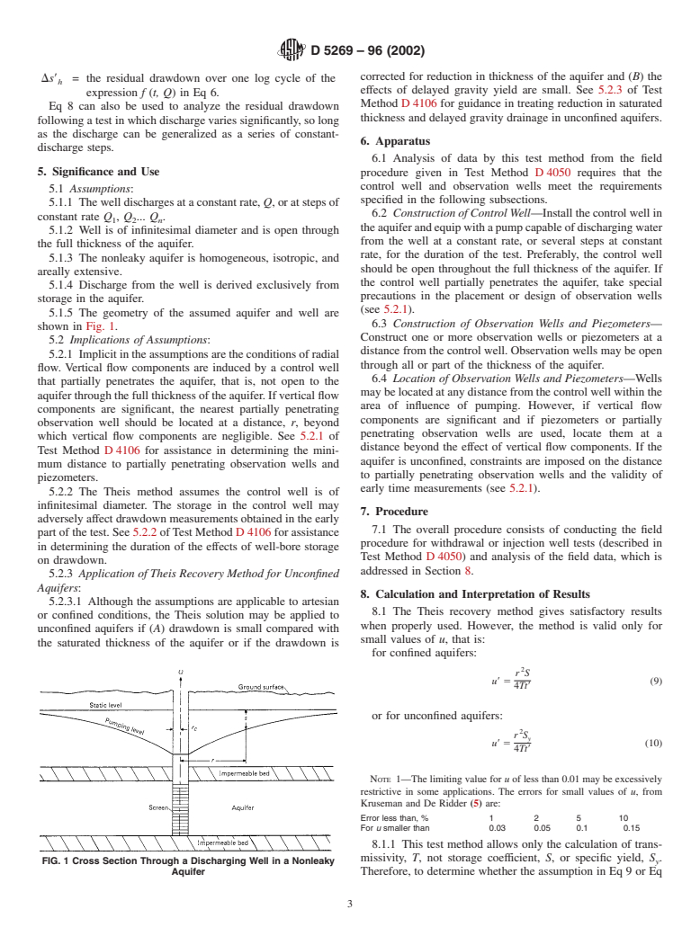 ASTM D5269-96(2002) - Standard Test Method for Determining Transmissivity of Nonleaky Confined Aquifers by the Theis Recovery Method