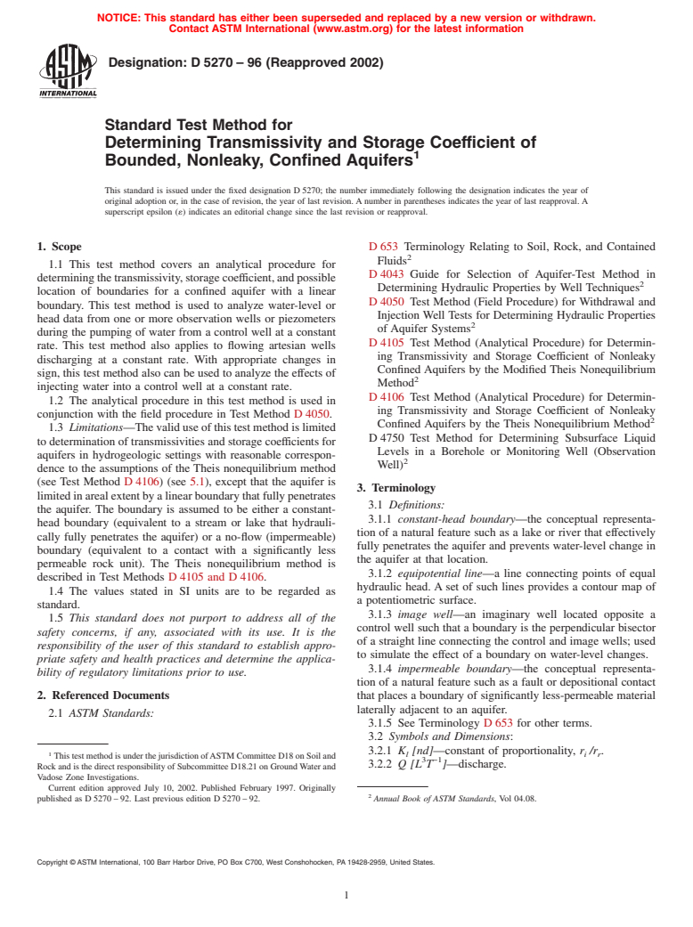 ASTM D5270-96(2002) - Standard Test Method for Determining Transmissivity and Storage Coefficient of Bounded, Nonleaky, Confined Aquifers