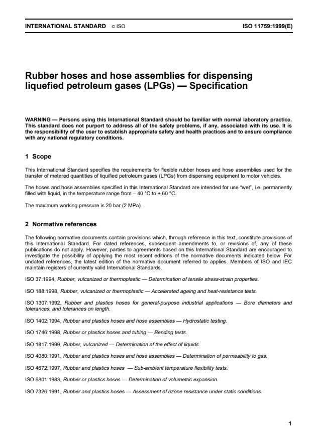 ISO 11759:1999 - Rubber hoses and hose assemblies for dispensing liquefied petroleum gases (LPGs) -- Specification