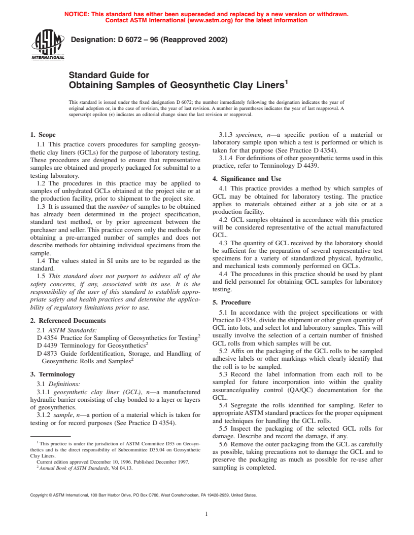 ASTM D6072-96(2002) - Standard Guide for Obtaining Samples of Geosynthetic Clay Liners